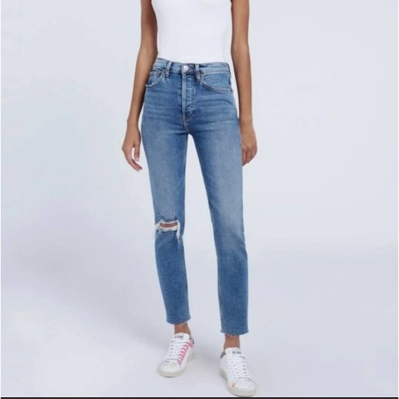 RE/DONE 90's High Rise Ankle Crop in Medium Worn Distressed Jeans Size: 29 - Picture 1 of 10